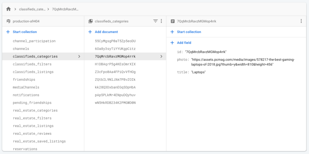 Classifieds Firebase Tables setup step 3