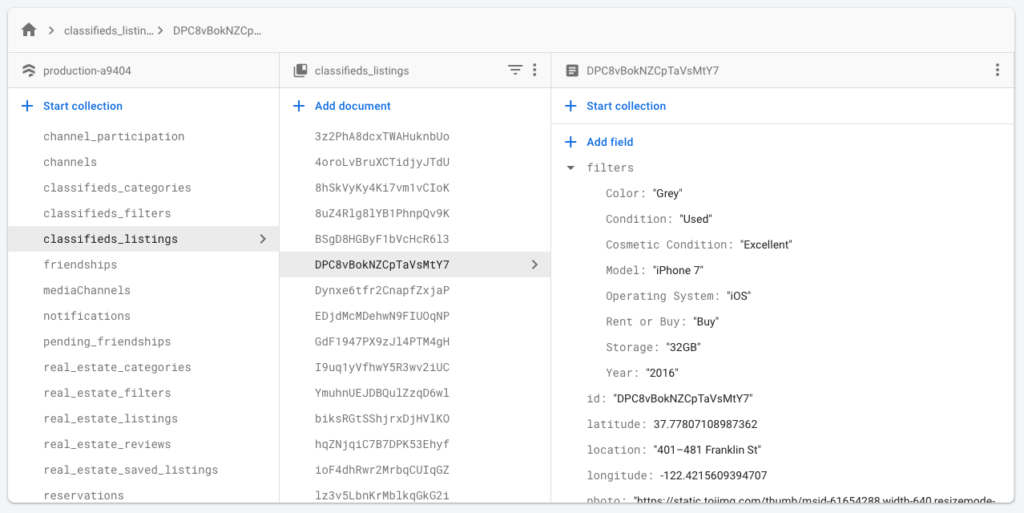 Classifieds Firebase Tables setup step 5