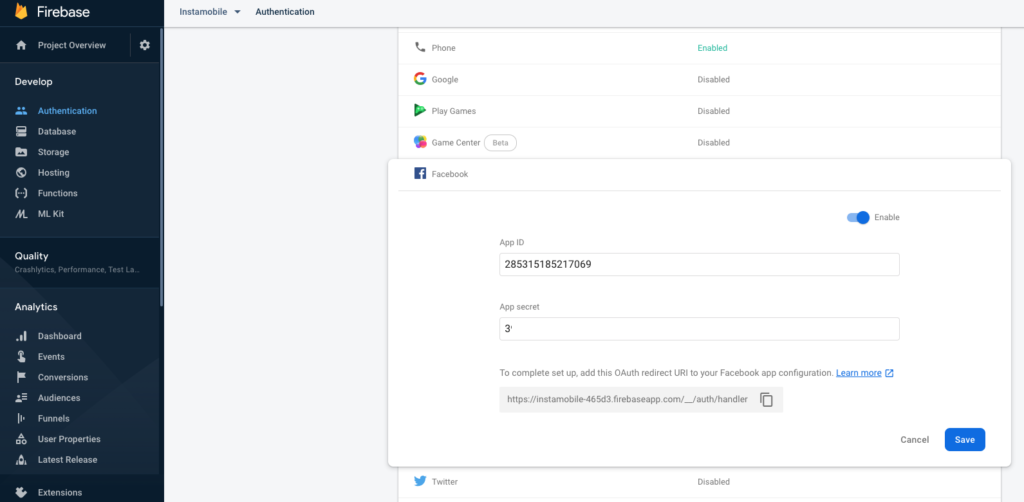 Facebook Login setup step 2